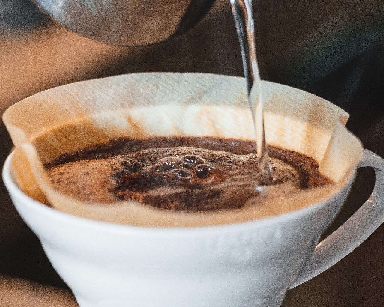 Coffee brewed using the V60 pour over method during at-home coffee tasting event