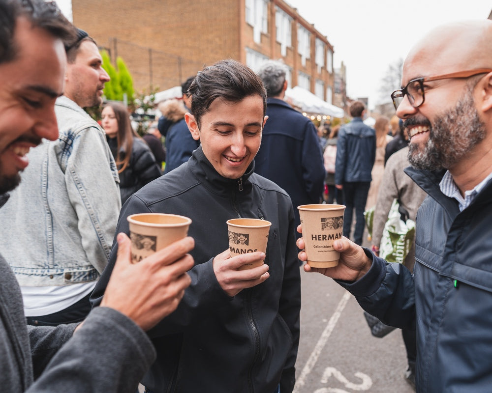 Elias and Shady Bayter from Forest Green enjoying Hermanos specialty coffee on Columbia Road