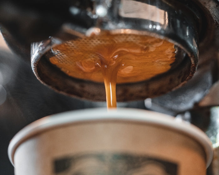 Espresso type coffee falling into cup from espresso machine