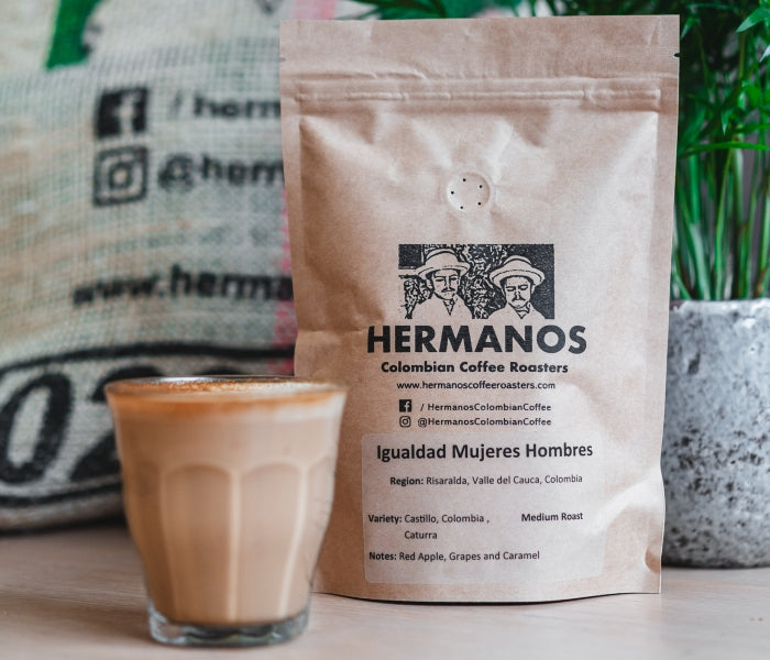 Product image of Hermanos Colombian single origin coffee beans and flat white