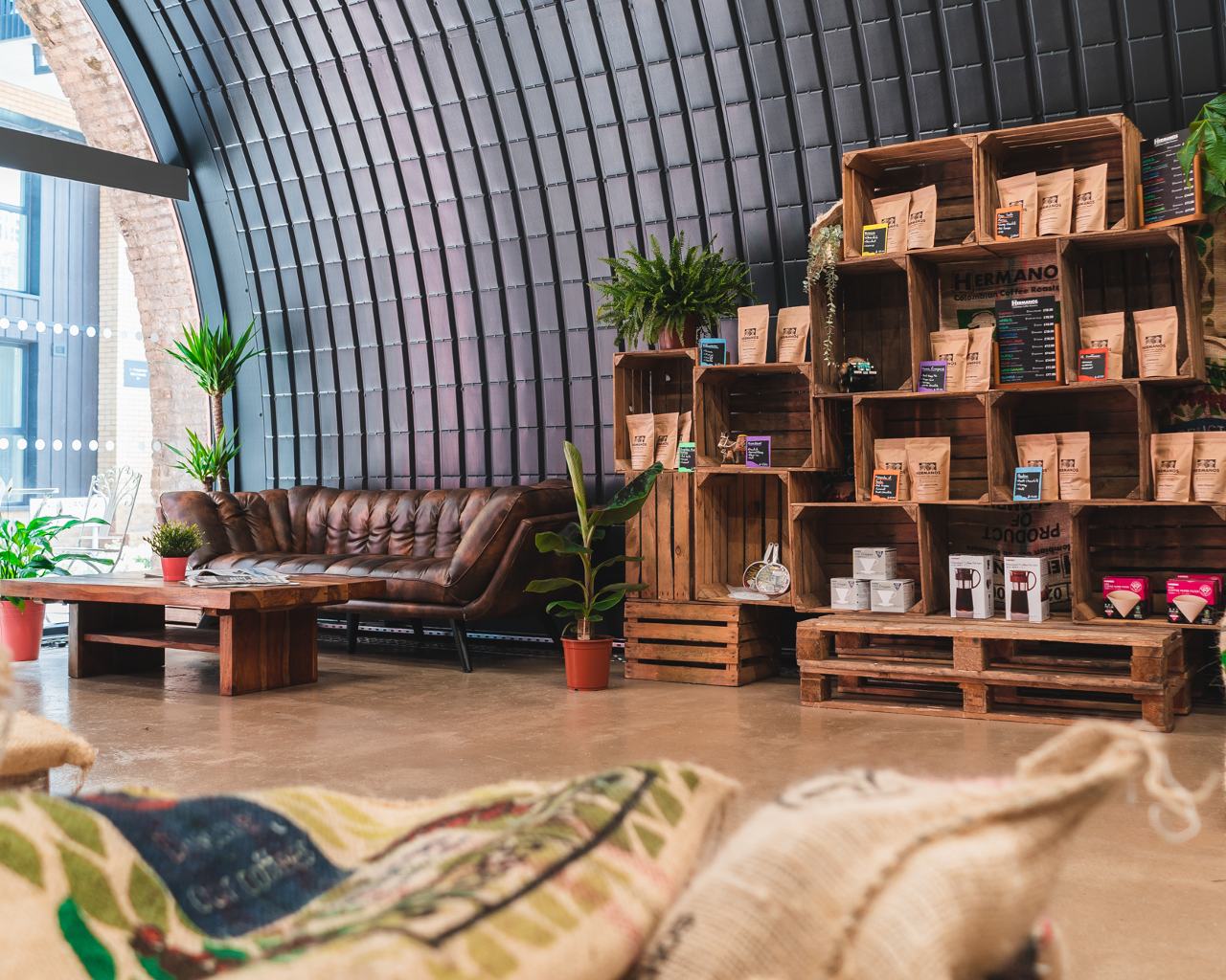 Relaxing coffee shop area inside specialty coffee roasters