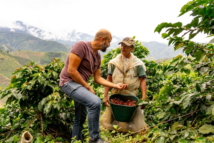 Santiago Gamboa working with local farmer producing Colombian coffee beans